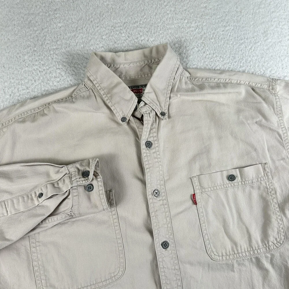 Vintage Levi's Shirt Mens Large Khaki Beige Button Down Long Sleeve Pocket